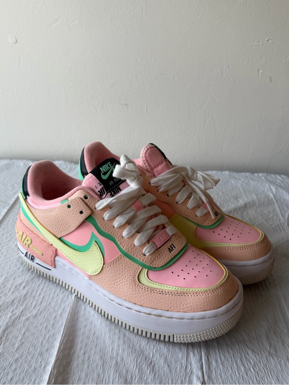 Nike Women's Pink and Green Air Force 1 Shadow Sneakers